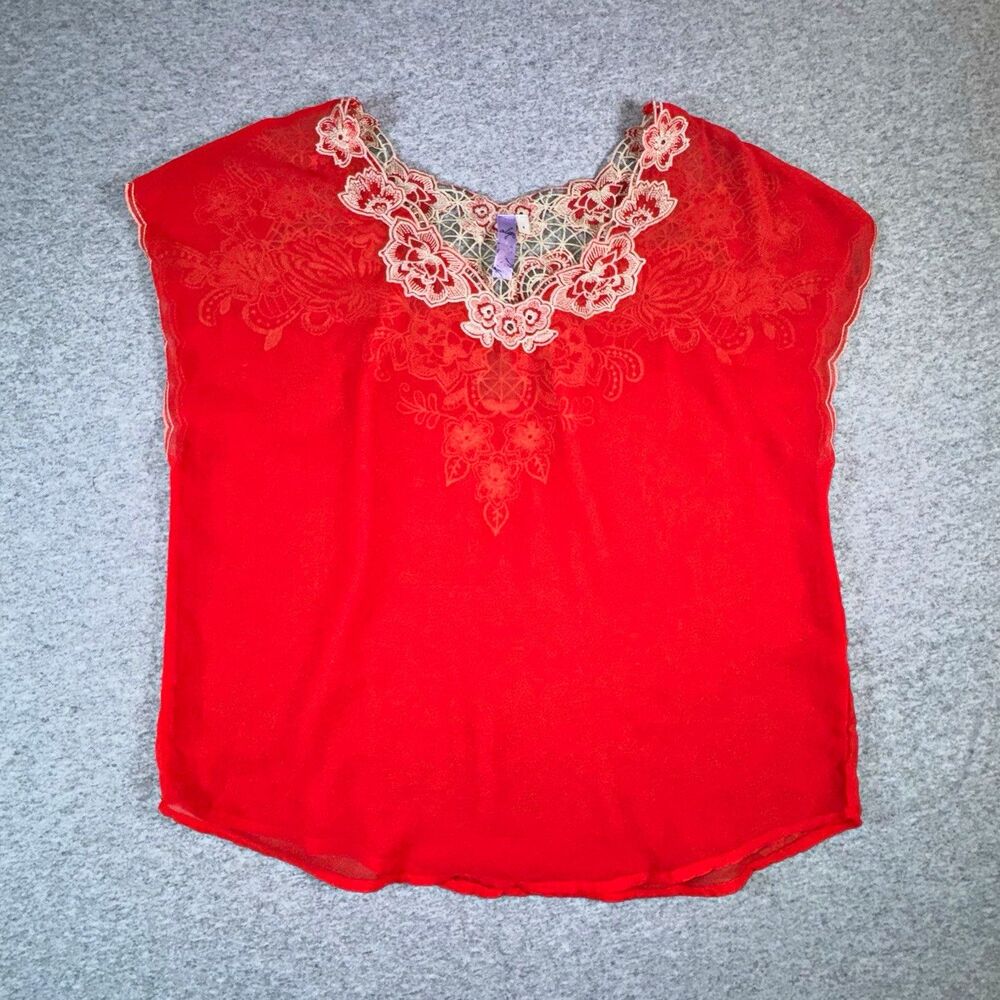 Alya Women’s S Coral Red Embroidered Lace Blouse Boho Floral Sheer Yoke Top